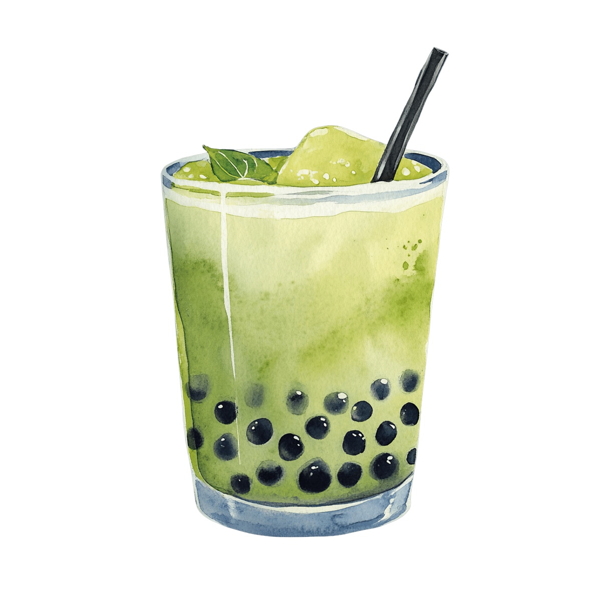 Green bubble tea in a glass with black tapioca pearls and a straw.