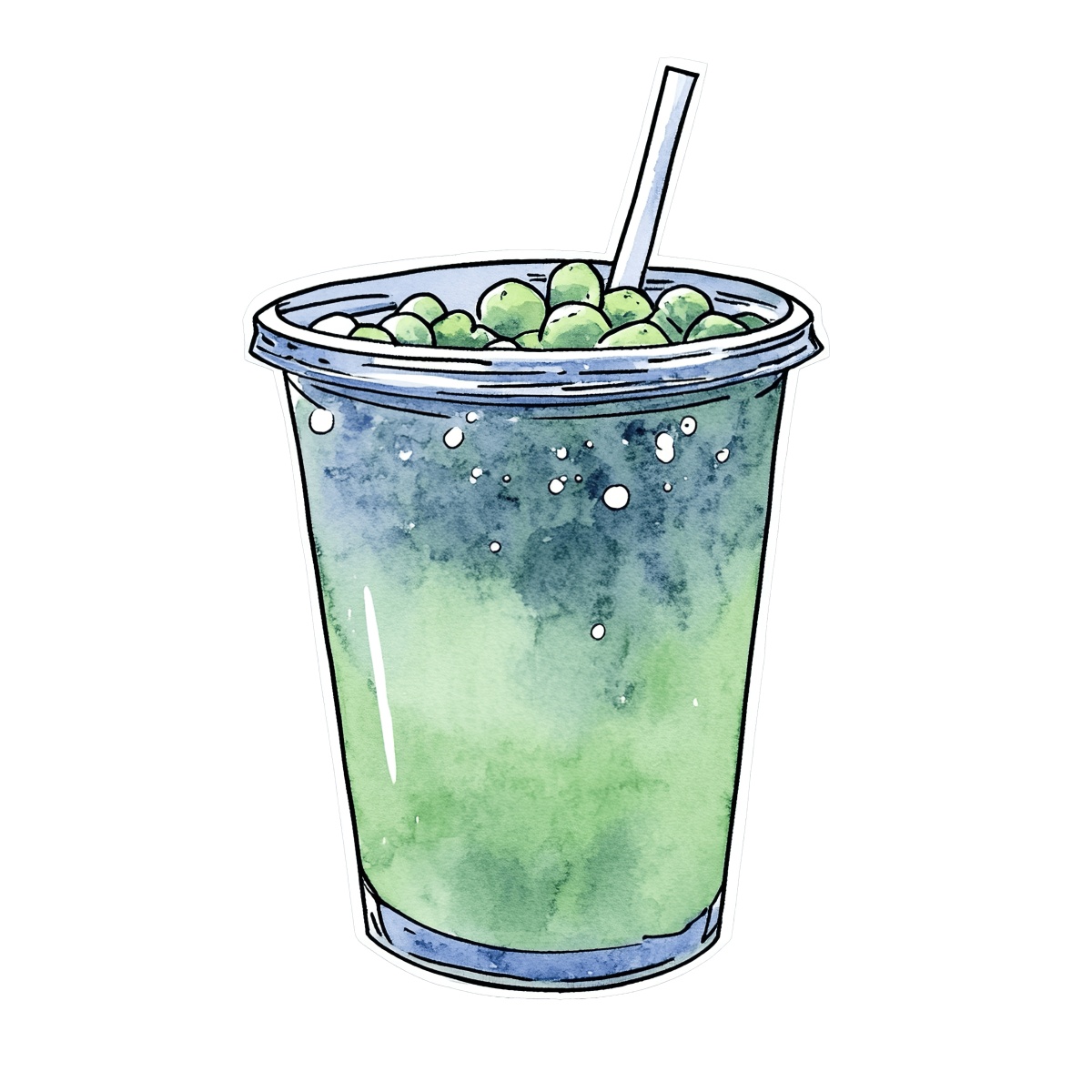 Green bubble tea with tapioca pearls and a straw in a plastic cup.