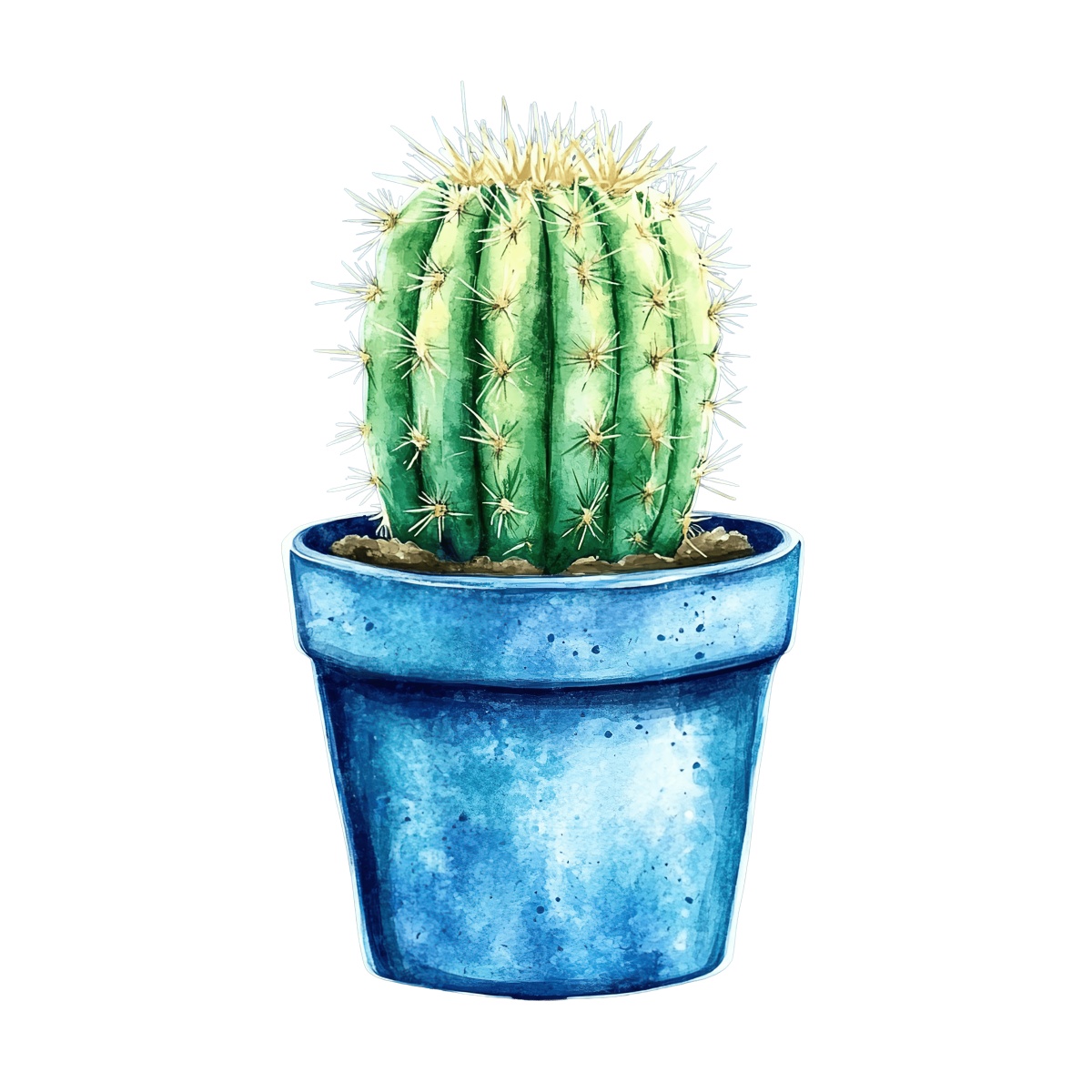 Green cactus with spikes in a blue pot on a black background.