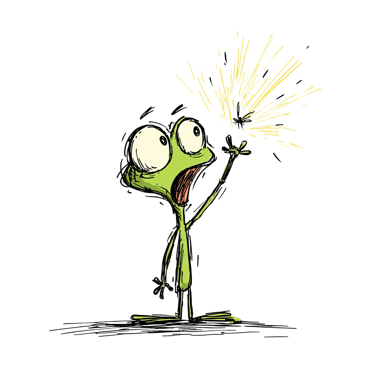 Cartoon green frog standing and holding a yellow sparkler.