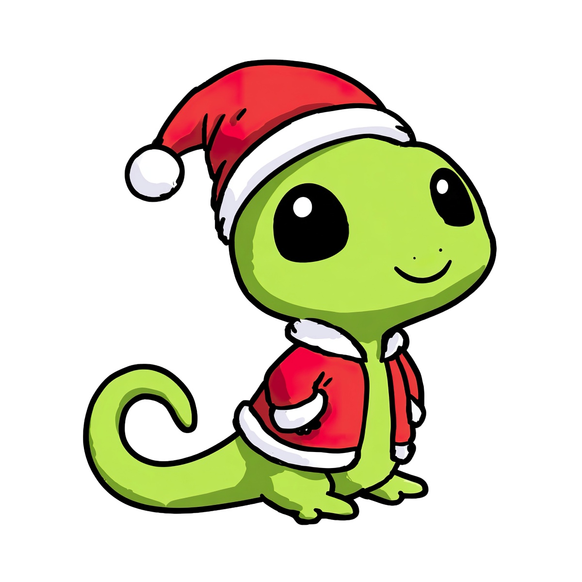 Green cartoon lizard wearing Santa hat and red jacket.