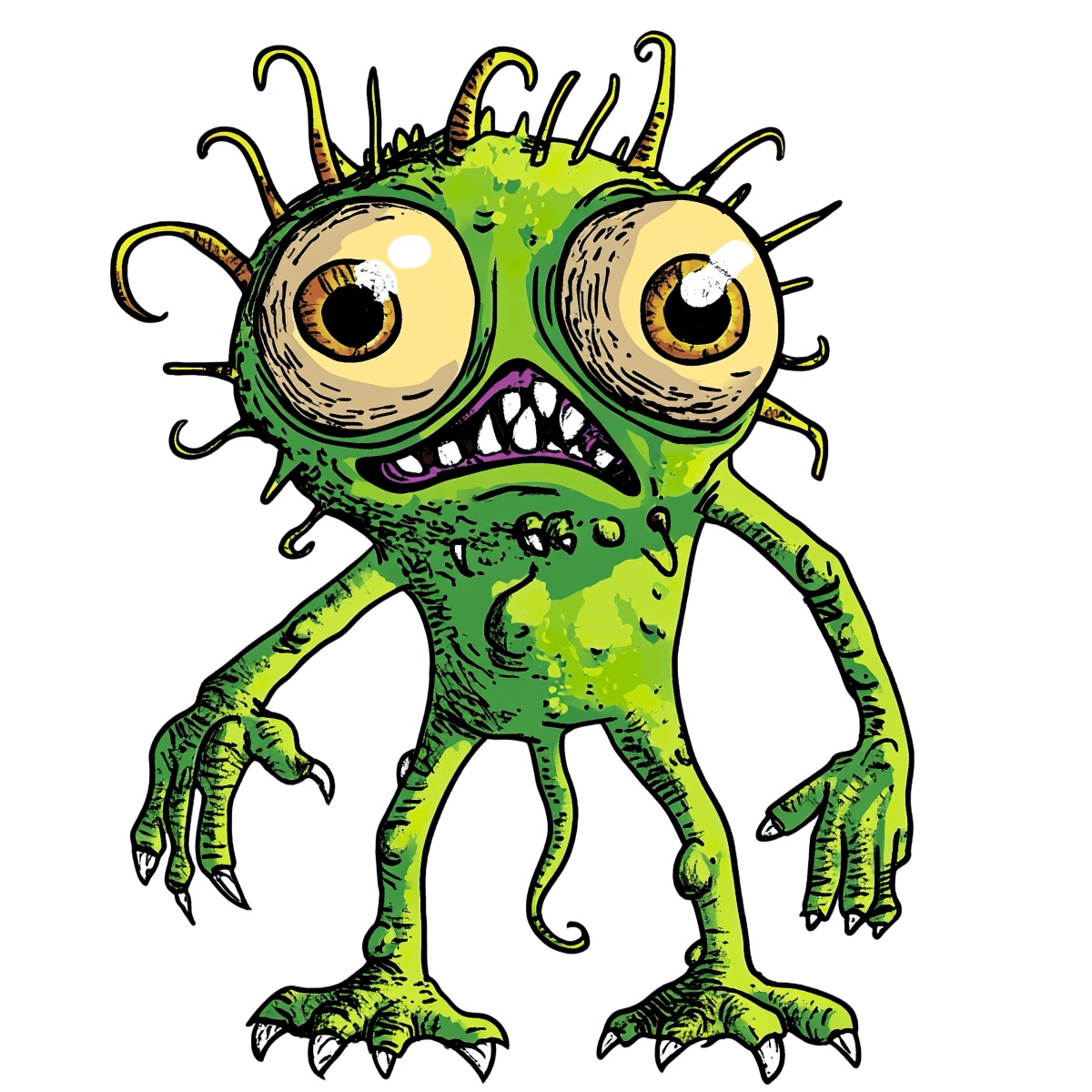 Green cartoon monster with big eyes and tentacle-like appendages.