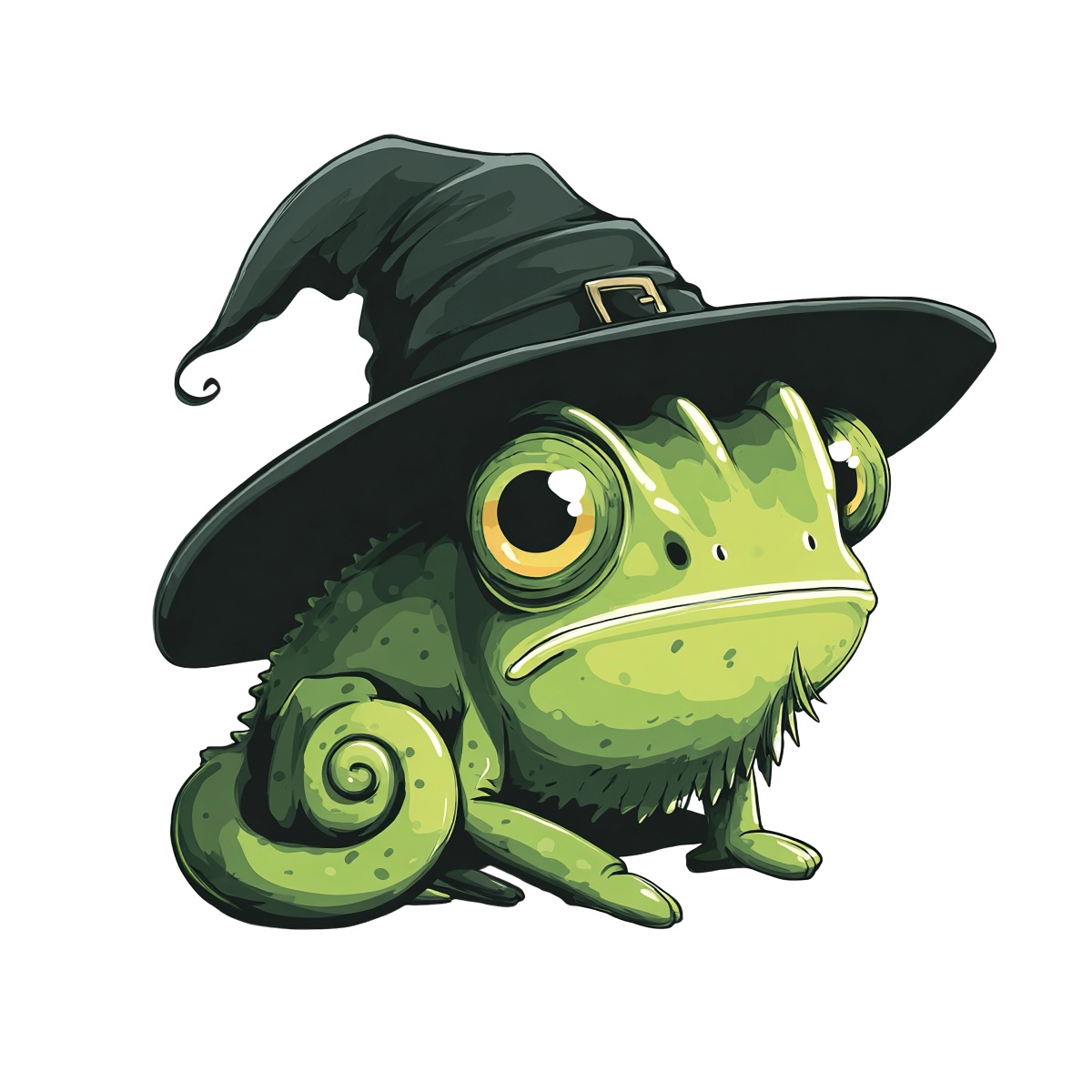 A green chameleon wearing a black witch hat with a buckle.