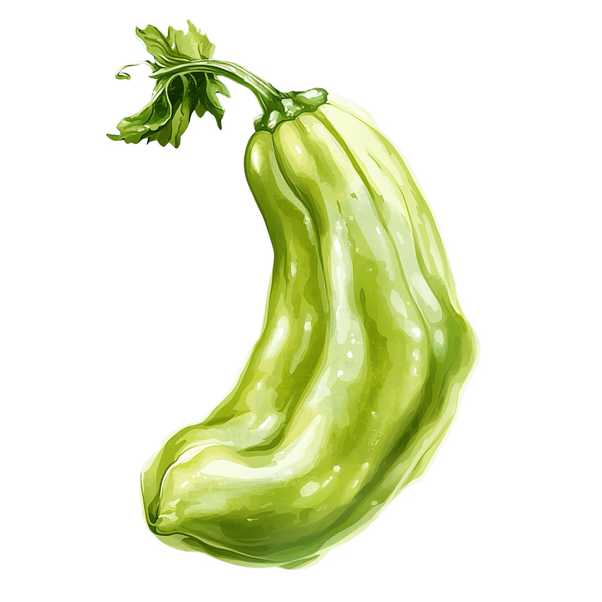 Green chayote squash with a leaf.