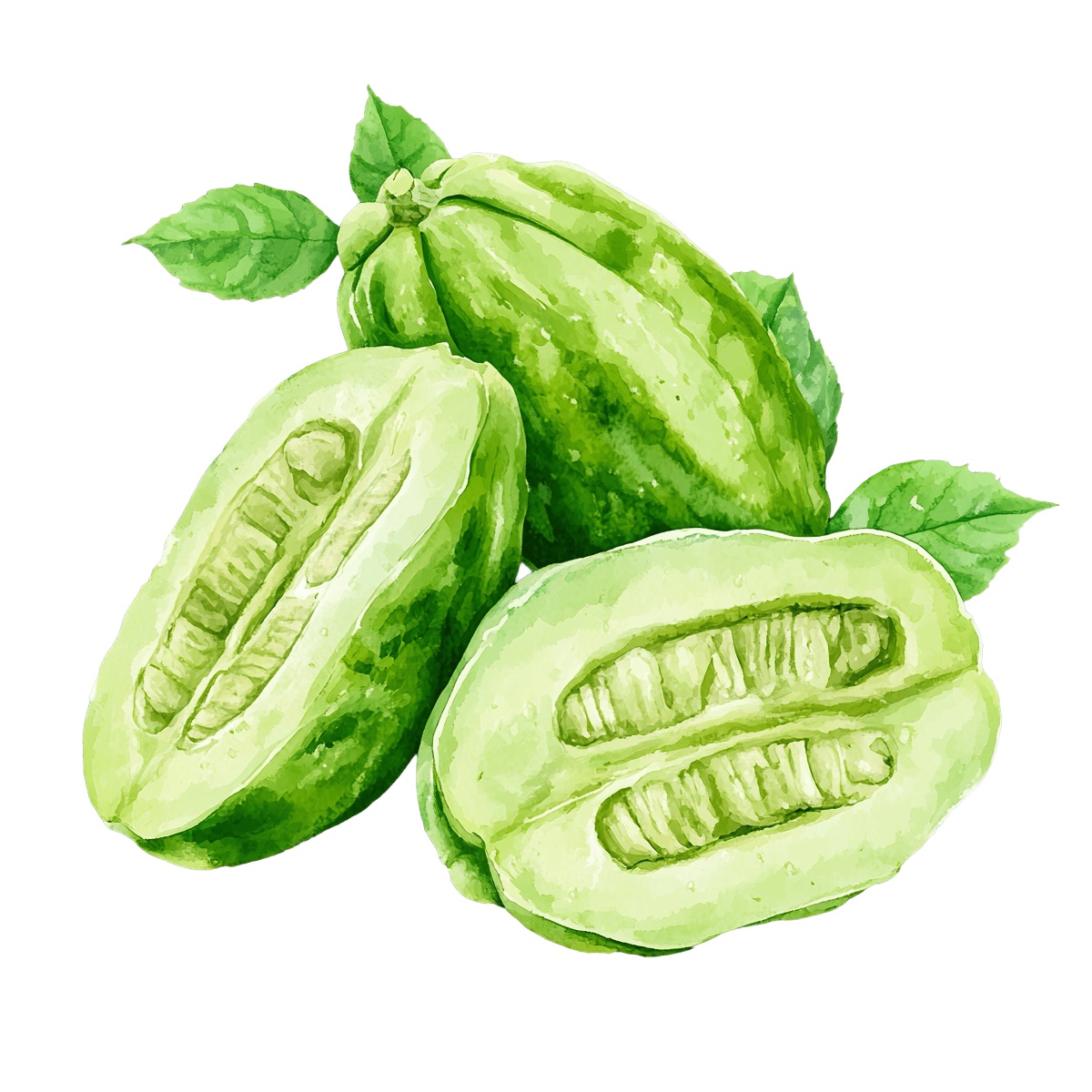 Green chayote squash with leaves in a watercolor style depiction.