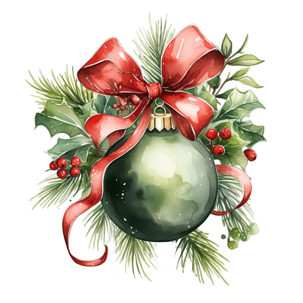 Green Christmas bauble with red bow and pine leaves, holiday decoration.