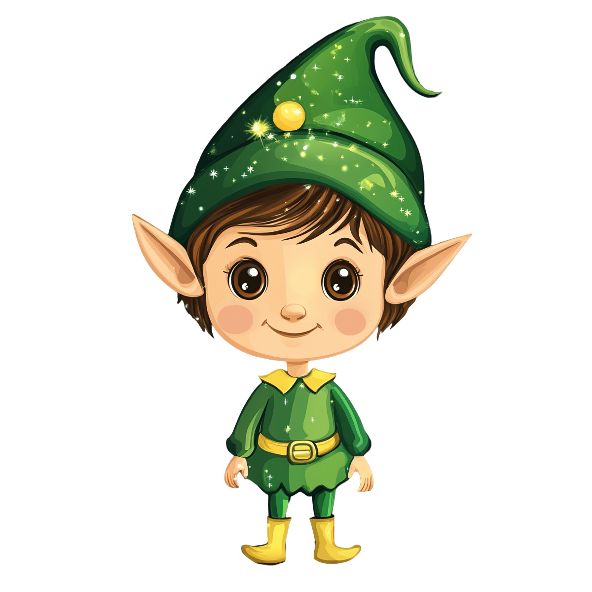 Christmas elf in green outfit with pointed hat and ears.