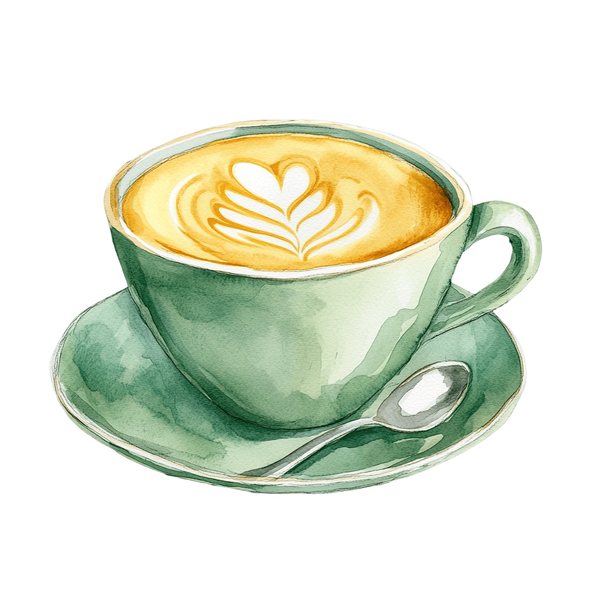 Green cup of coffee with latte art and a spoon on a saucer.