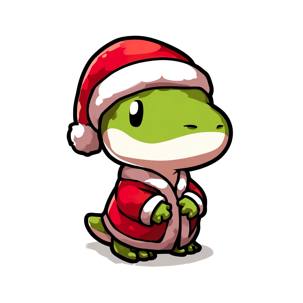 Dinosaur wearing Santa hat and red coat illustration.