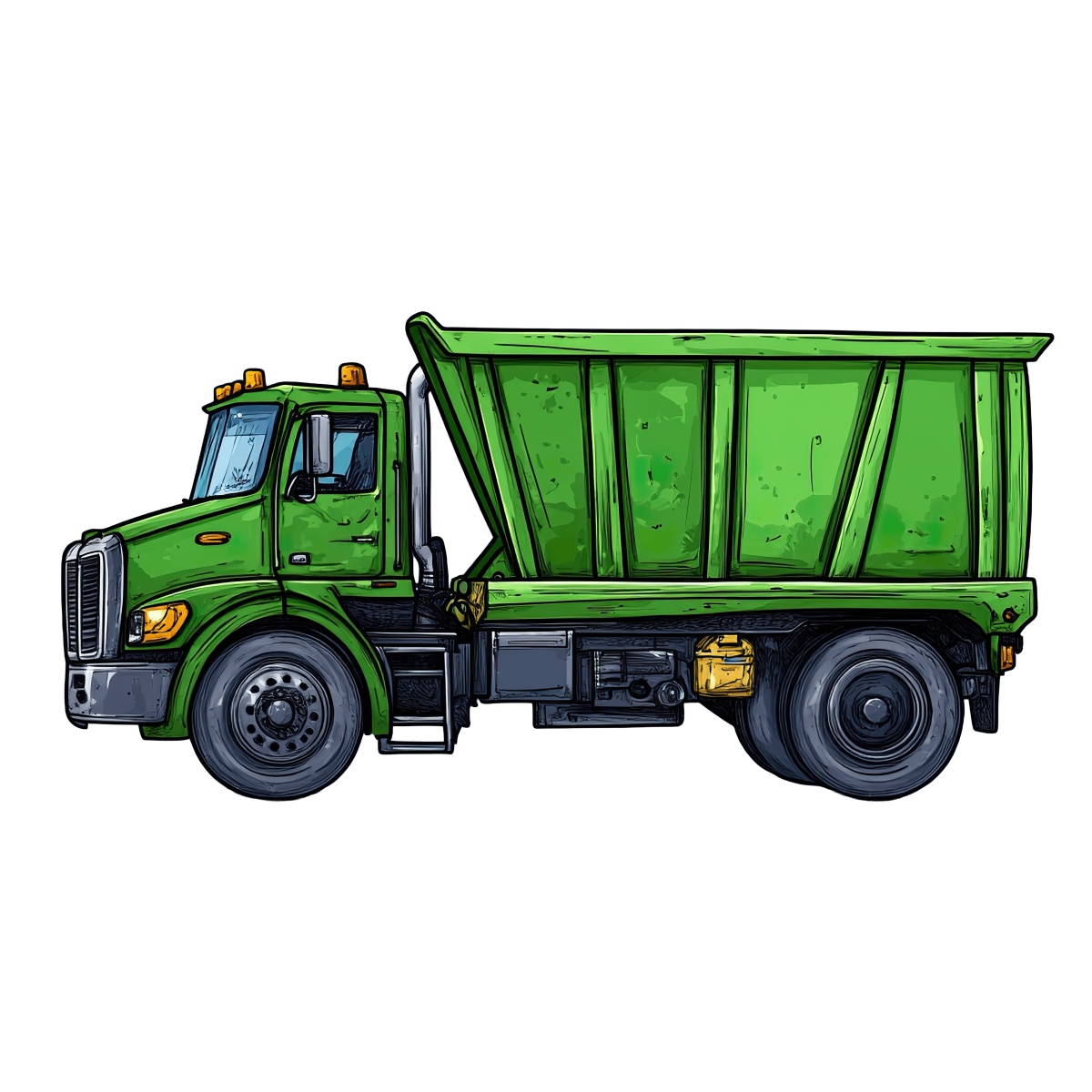 A detailed illustration of a green dump truck with oversized wheels.