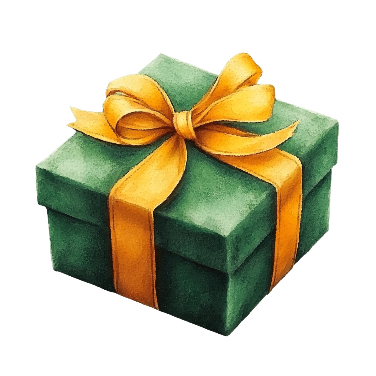Green gift box with a golden ribbon bow on a plain background.
