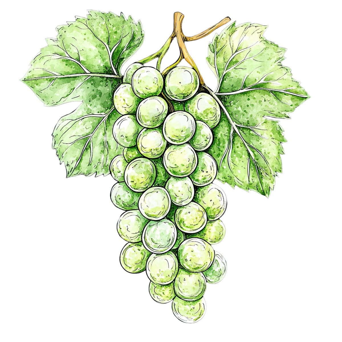 Detailed clipart of a green grapes bunch with two large leaves.