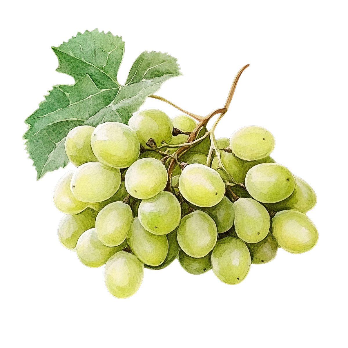 Green grapes with a leaf.