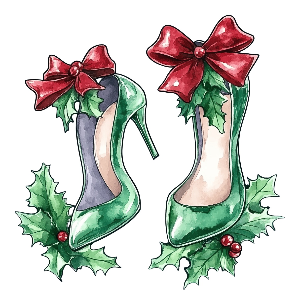 Green high heels with red bows and holly leaves for festive occasions.