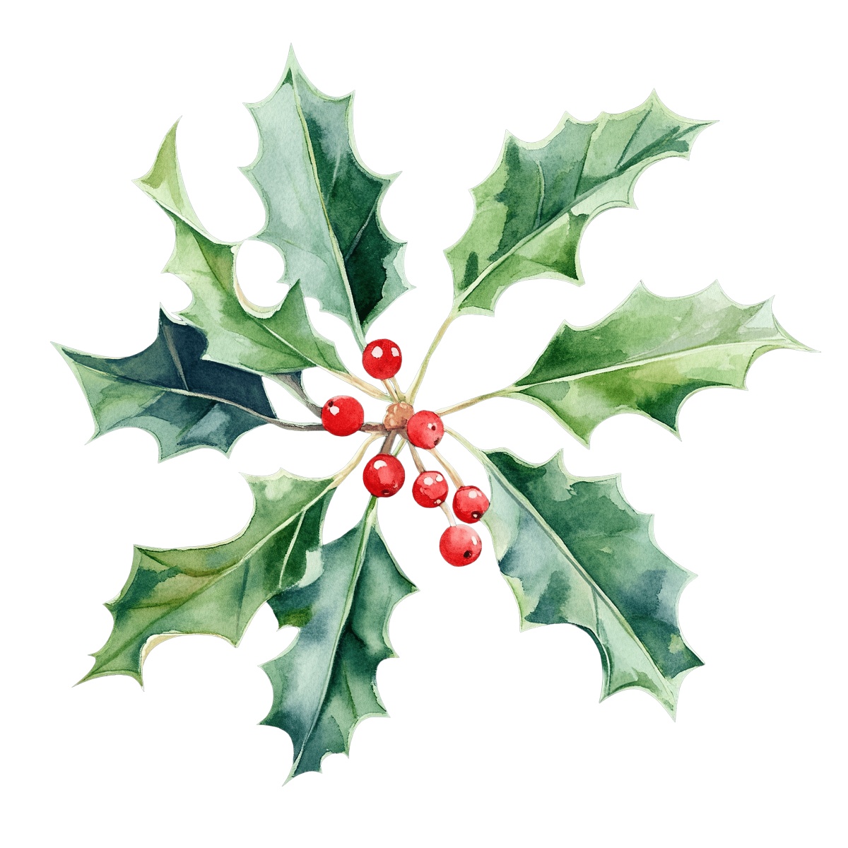 Green holly branch with red berries against a black background.