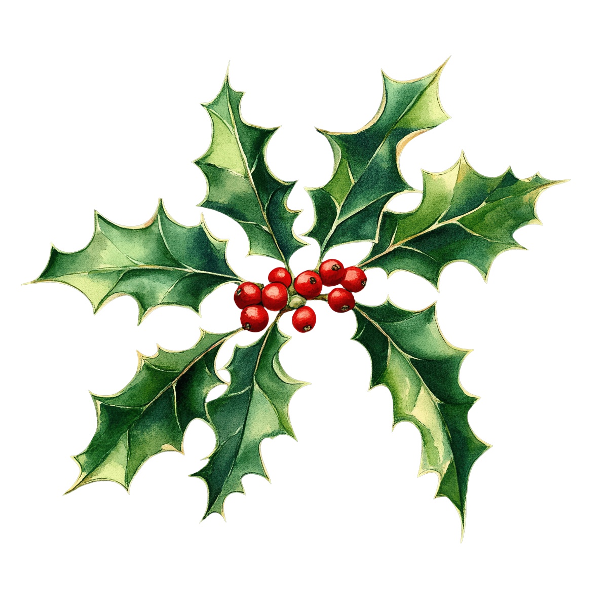 Green holly leaves and red berries on a black background in vector style.