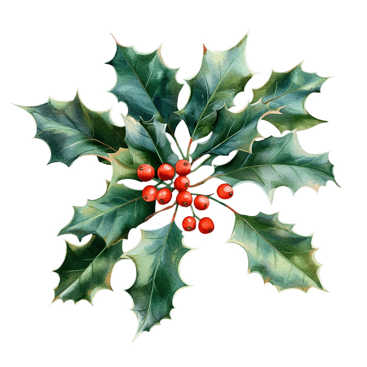 Green holly leaves and red berries arranged on a black background.
