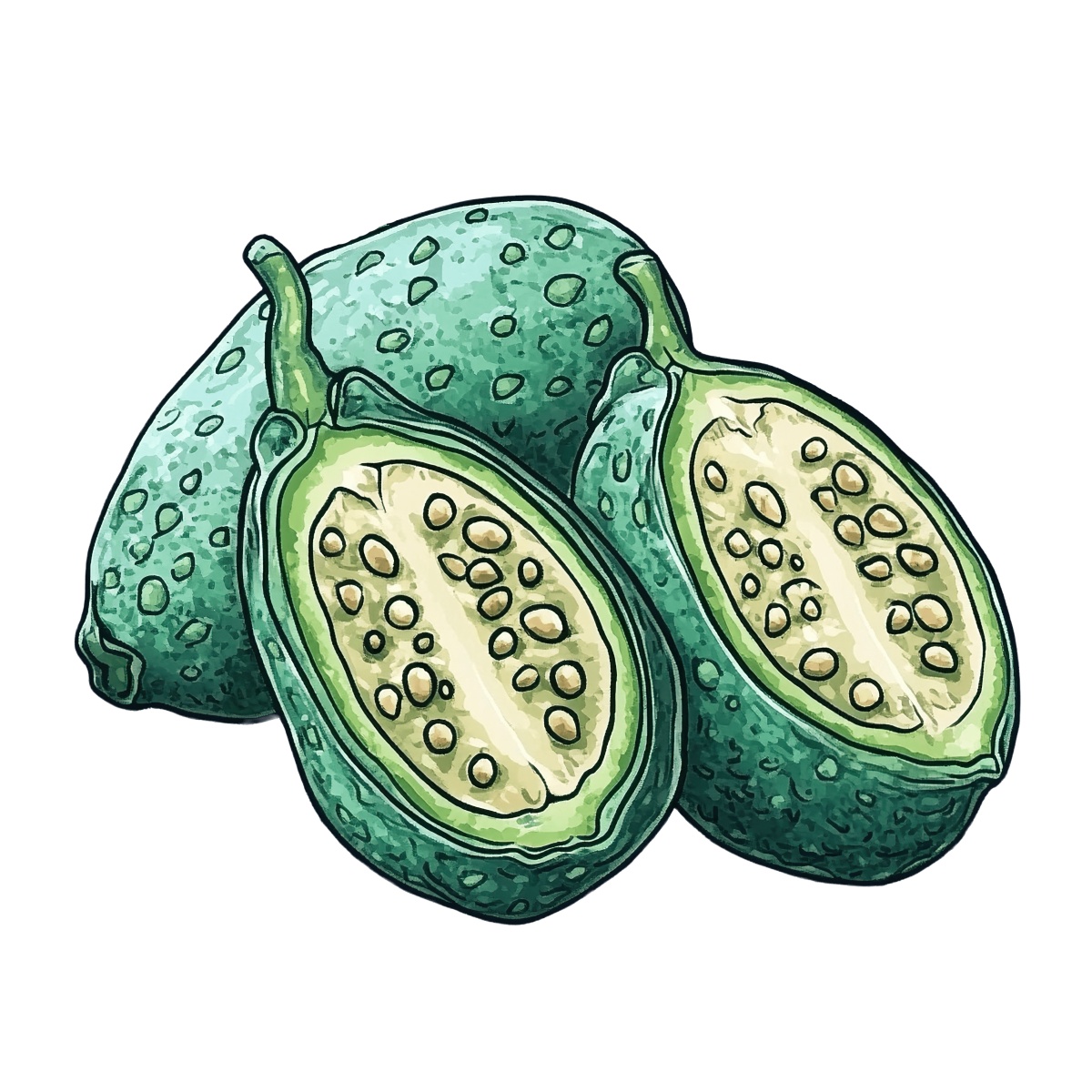 Green kiwano fruit with sliced interior showing seeds and texture.