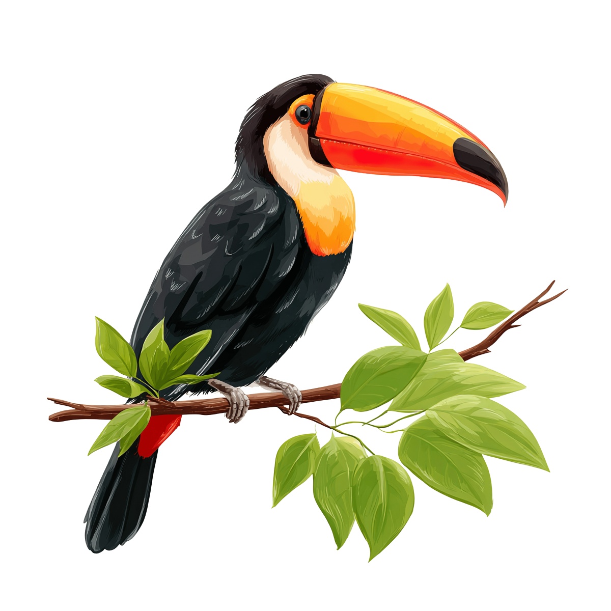 Illustrated toucan perched on green leafy branch