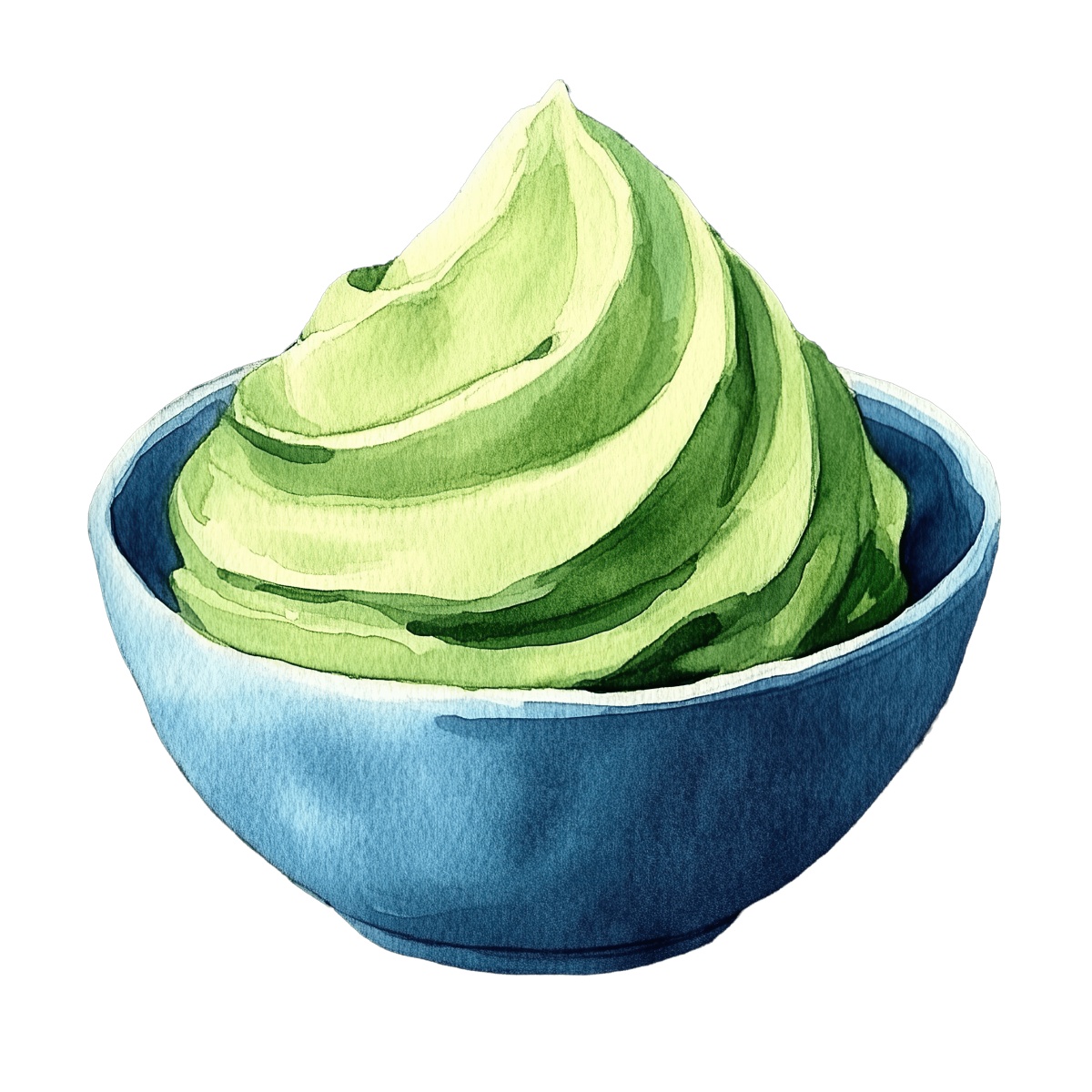 Green matcha mousse in a blue ceramic bowl, perfect for dessert themes.