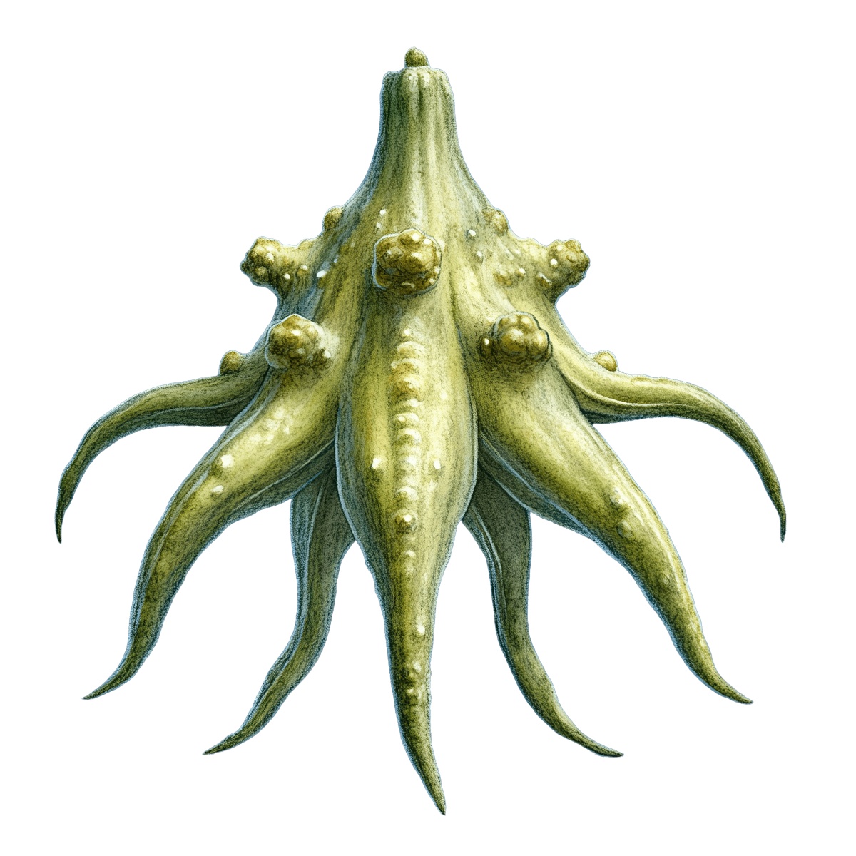 Green octopus tentacle with detailed texture and unique shape.