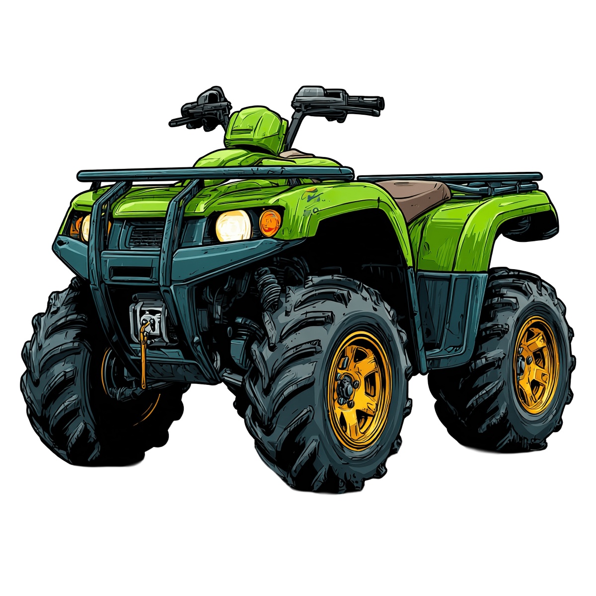 Green all-terrain vehicle with yellow rims