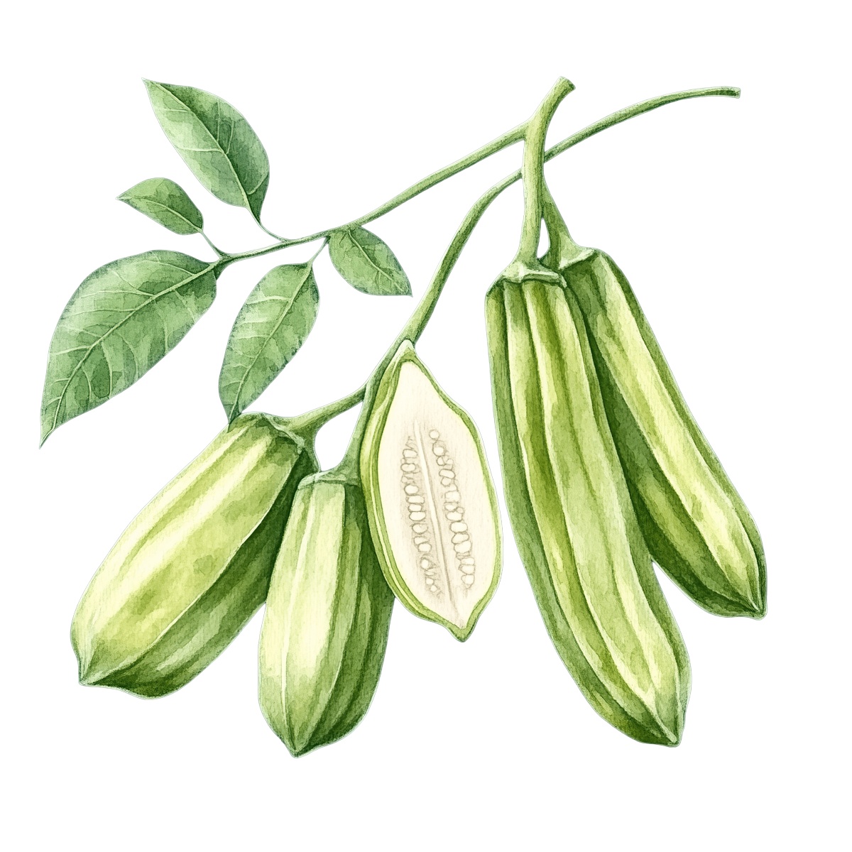 Green okra pods with leaves and a cross-section view.