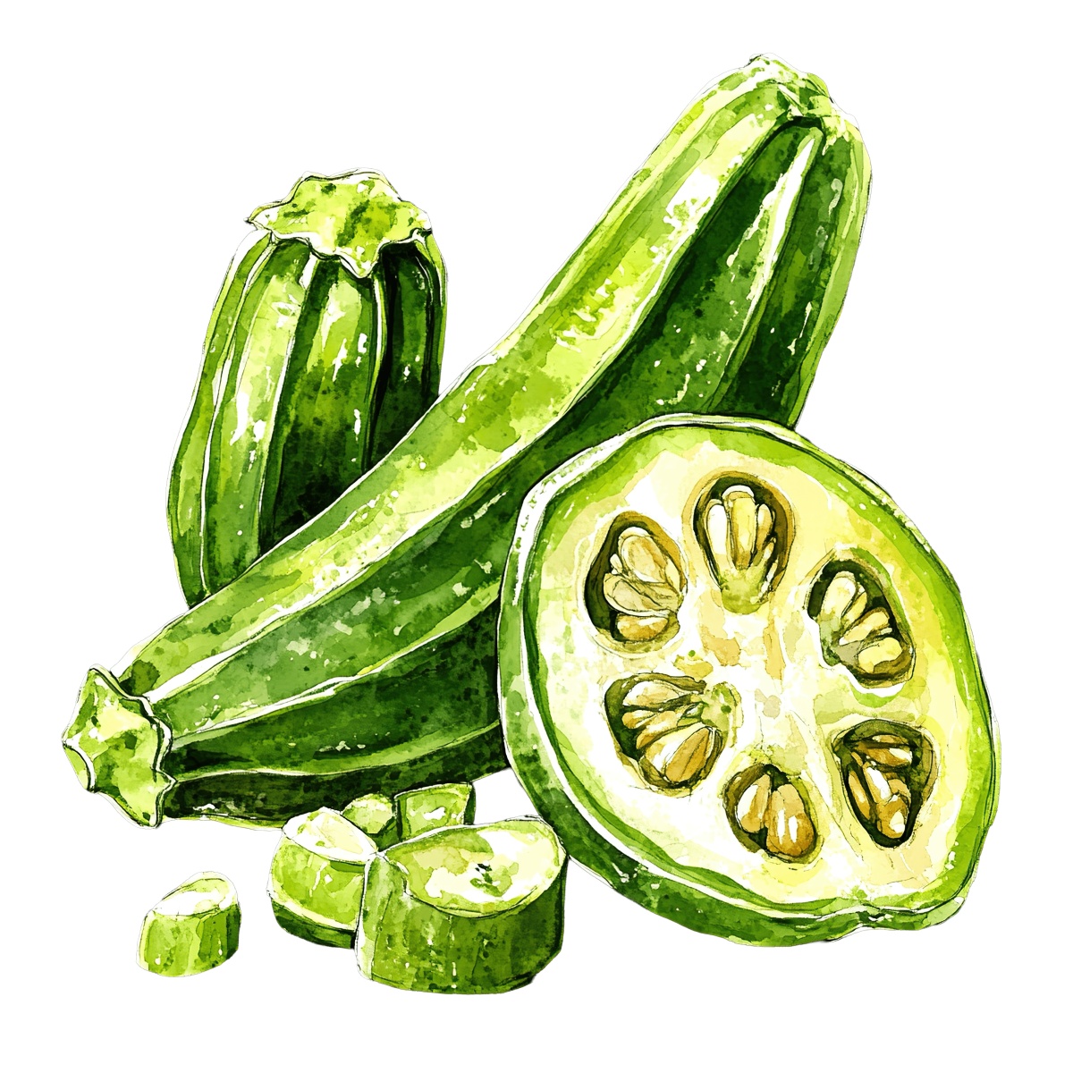 Green okra pods and slices with detailed watercolor texture.