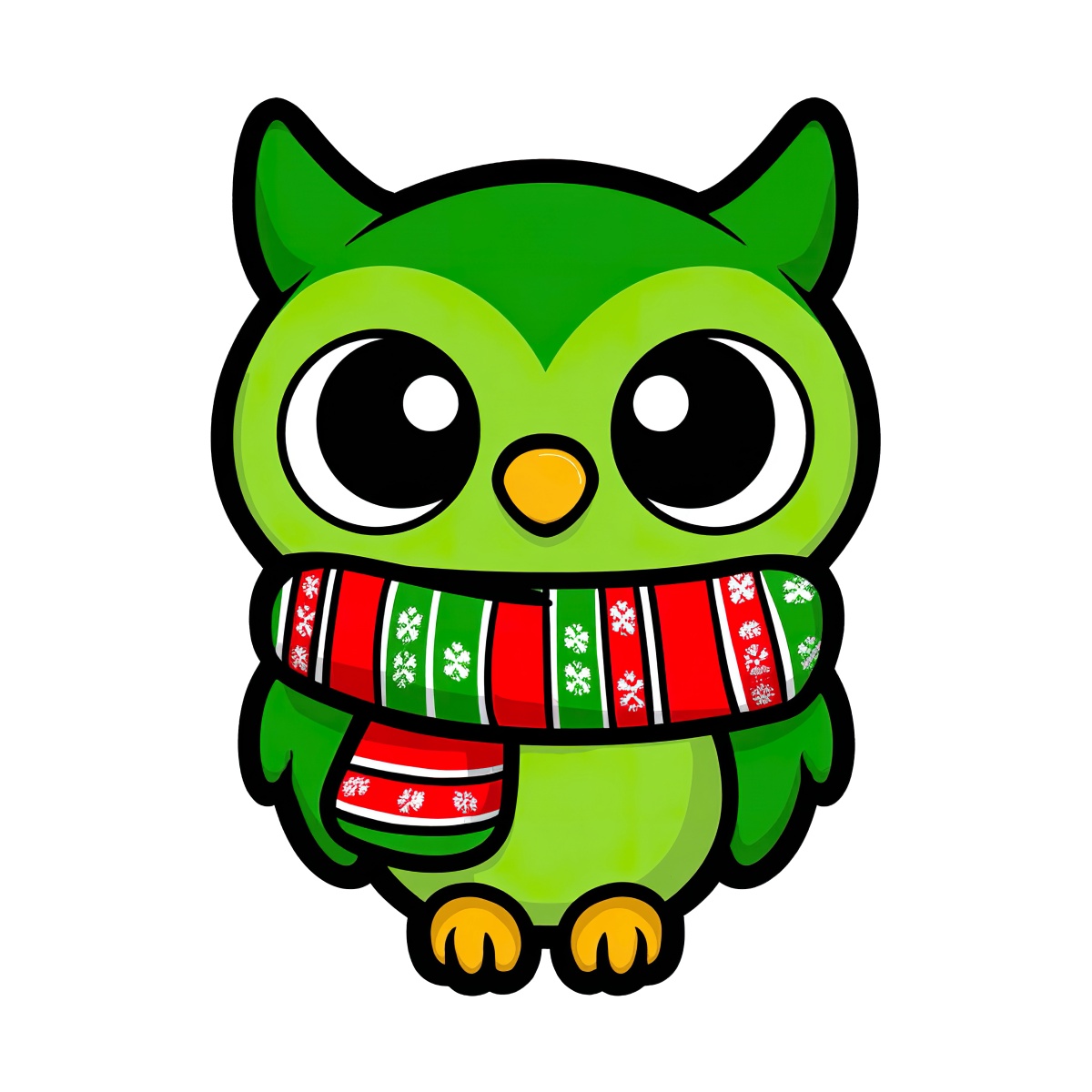 Green owl with large eyes, wearing a red and green scarf with white decorations.