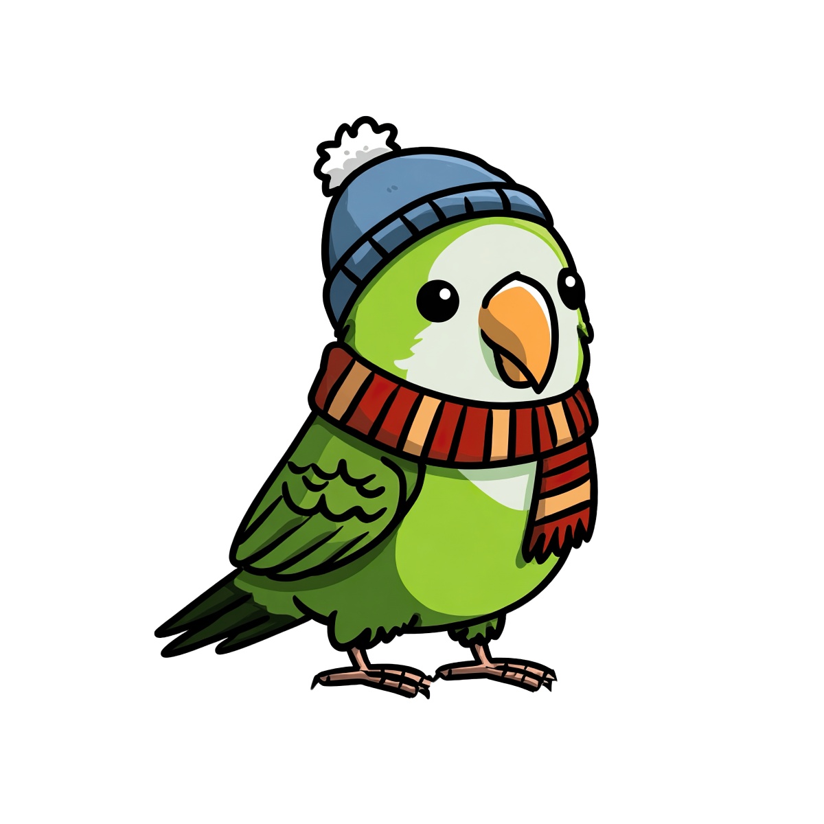 Green parrot wearing blue hat and red scarf, isolated on white.
