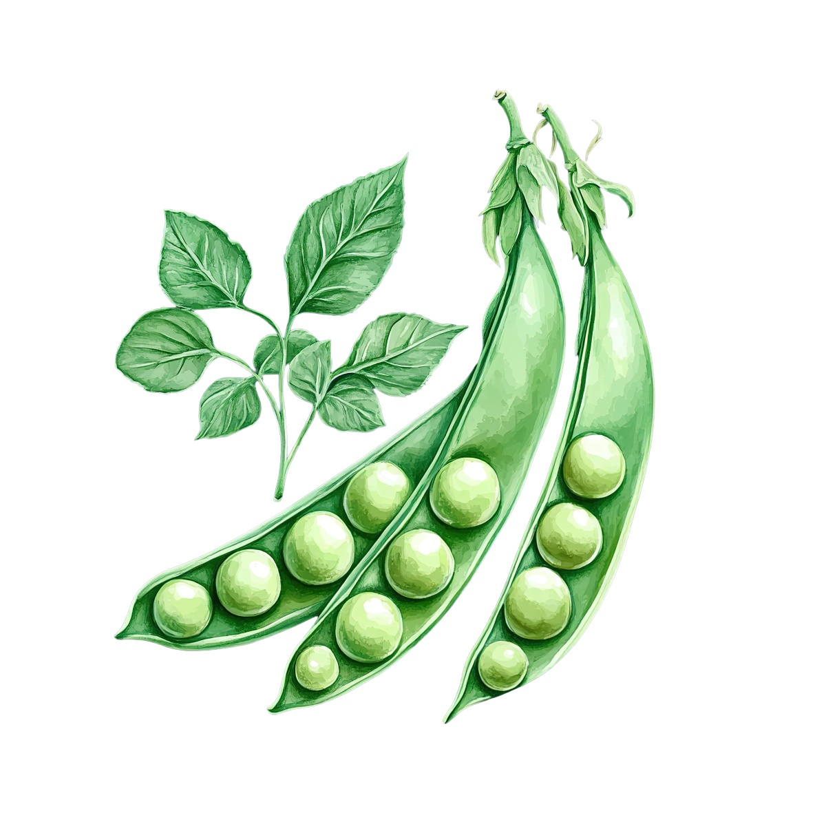 Green pea pods with leaves shown in detailed vector clipart.