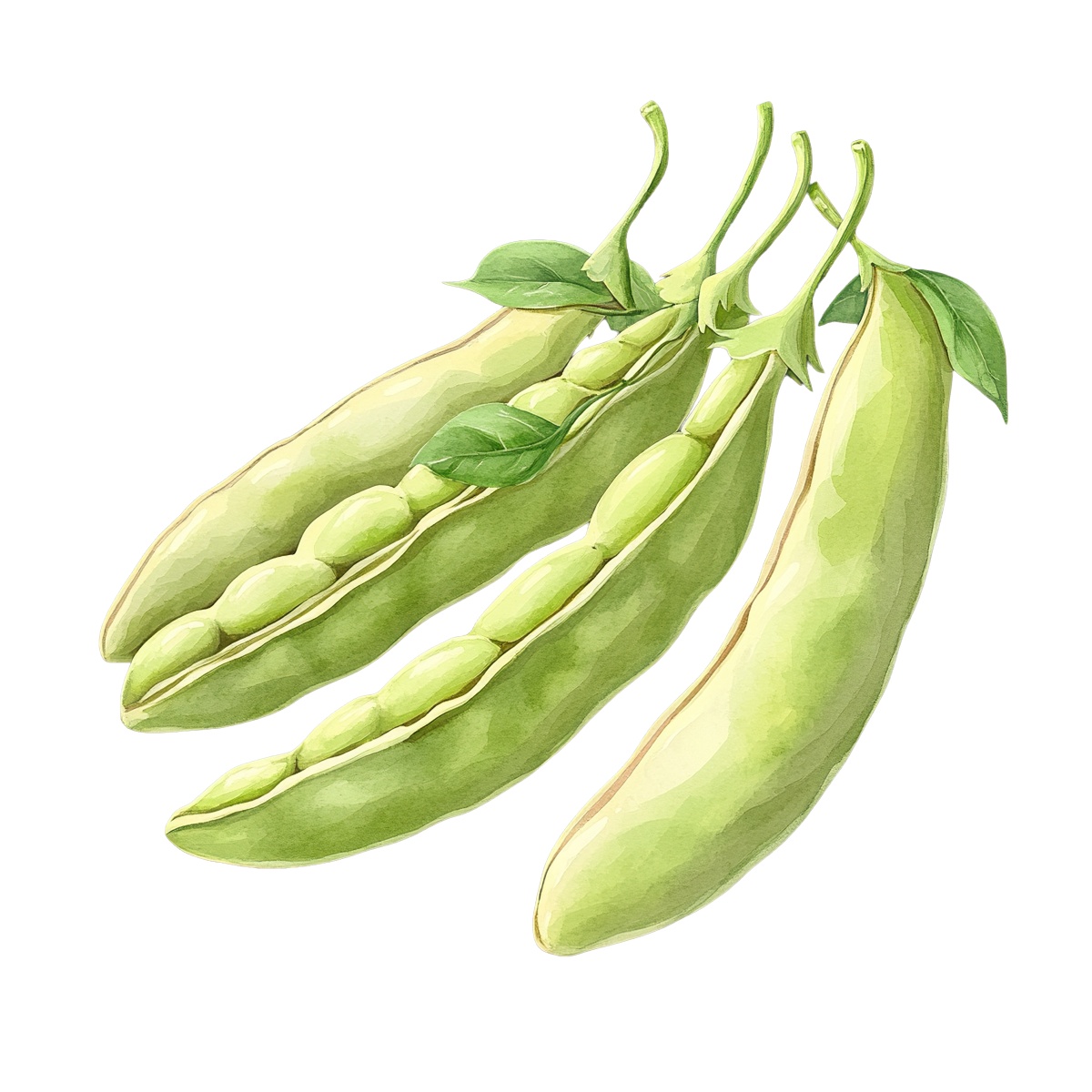 Green pea pods with leaves illustrated in a watercolor style.