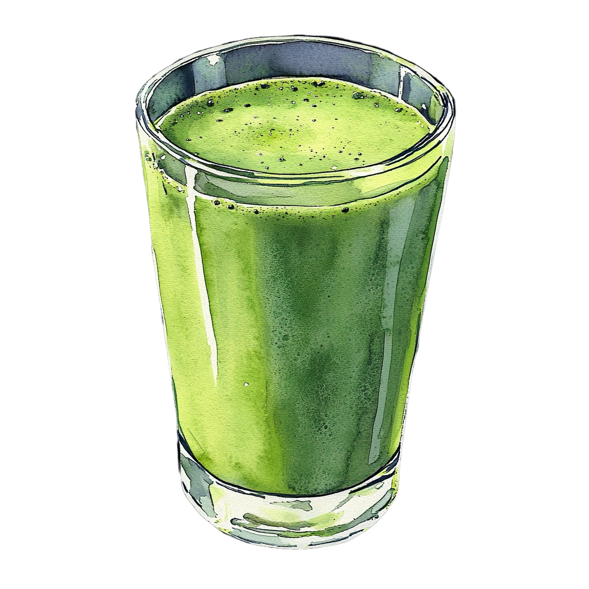 Green smoothie in a clear glass cup, depicted in clipart style.