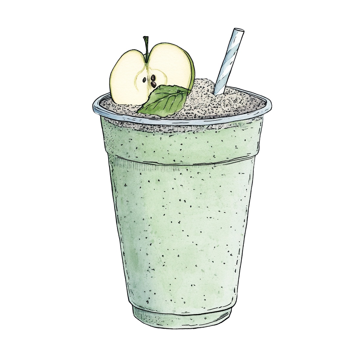 Green smoothie in a cup with apple slice and straw on top.