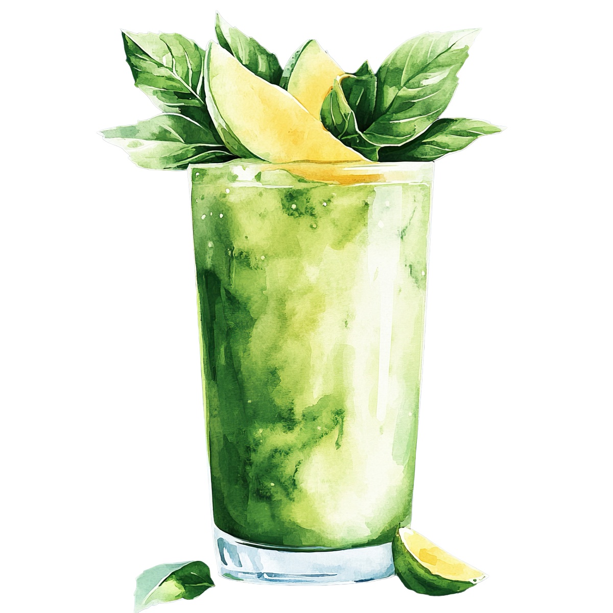 Green smoothie in a glass with basil leaves and lemon garnish.