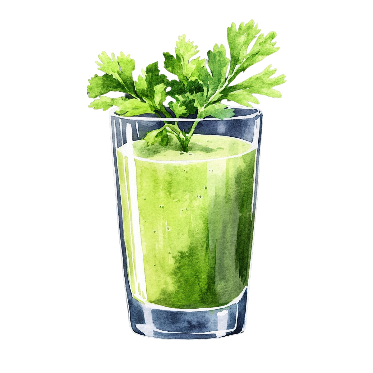 Green smoothie in a glass with parsley garnish on top.