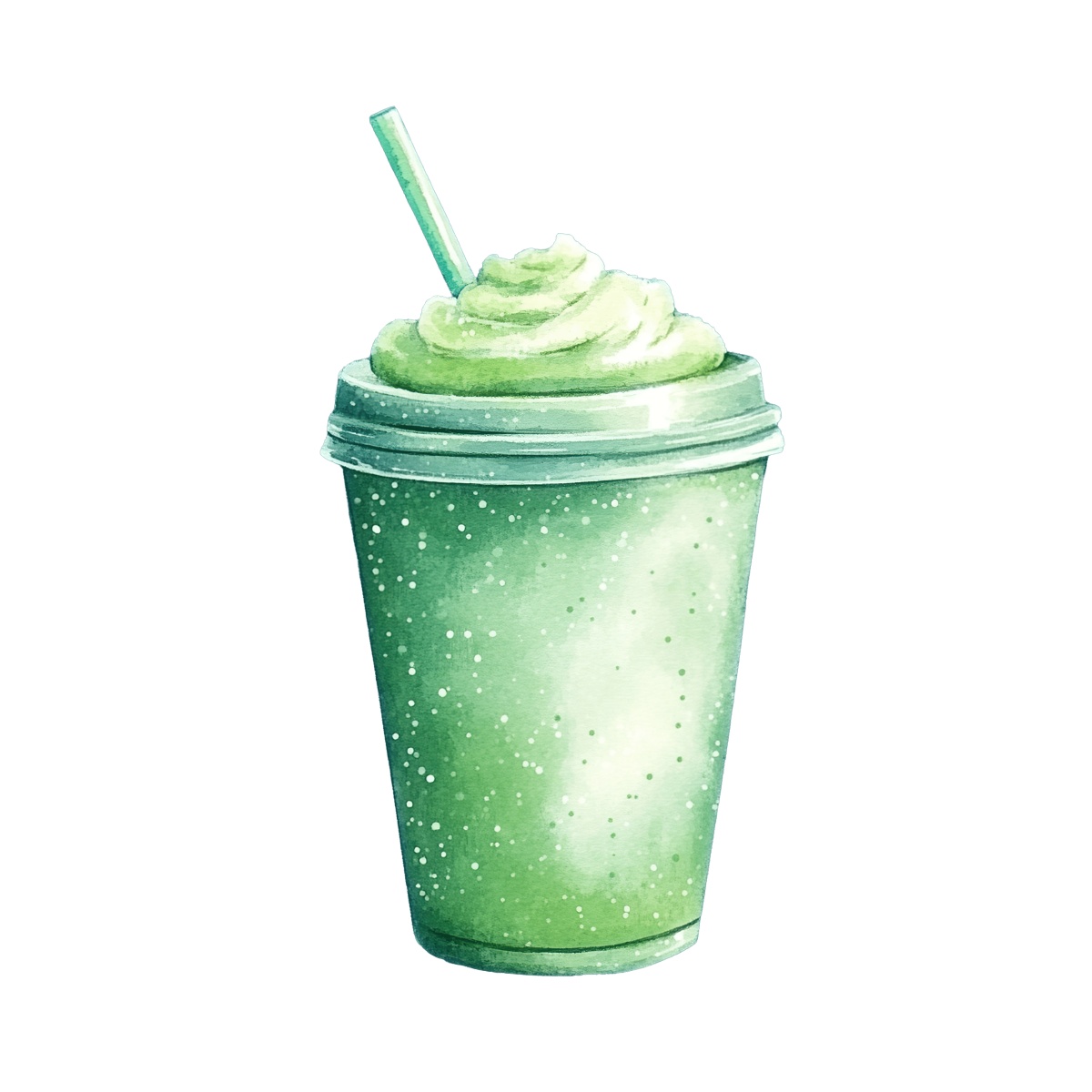 Green smoothie in a plastic cup with a straw and whipped cream.