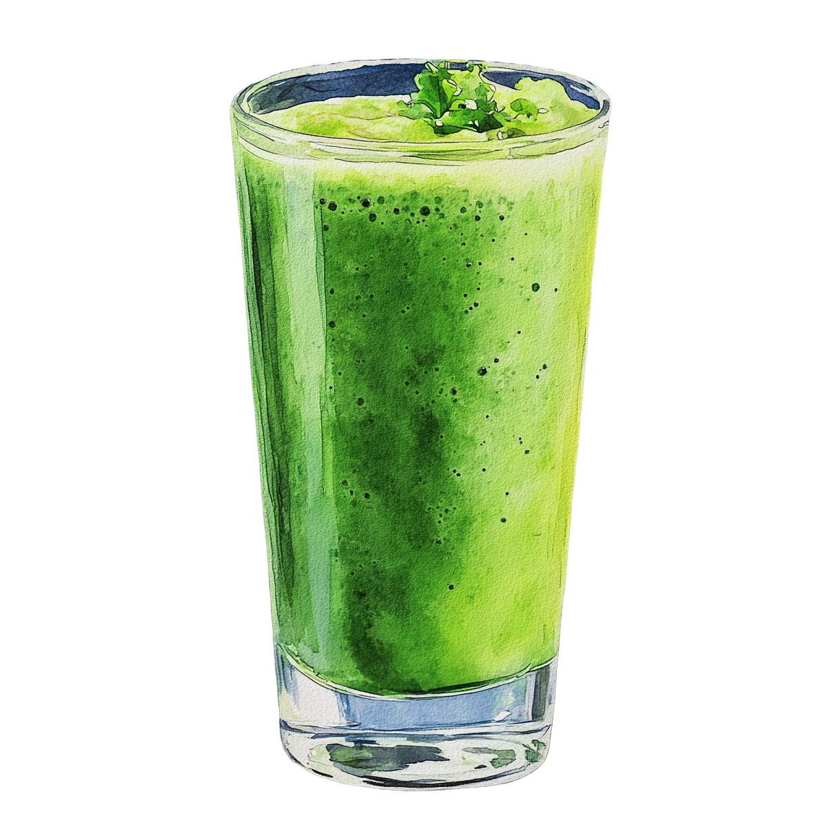 Green smoothie in a tall glass with a leaf garnish on top.