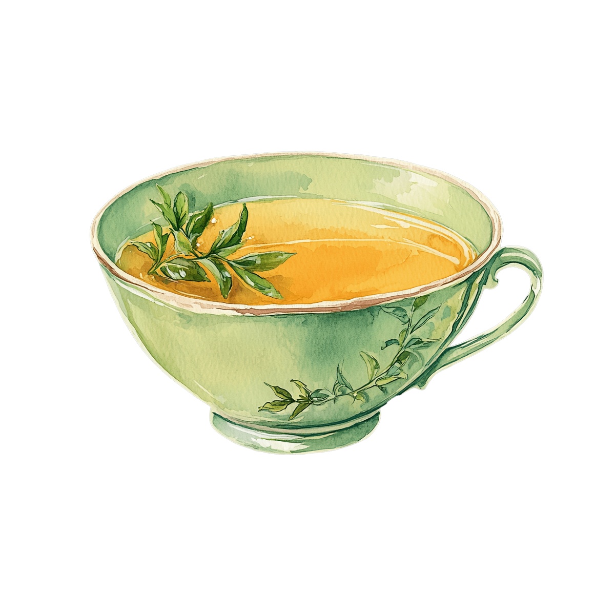 Green teacup containing herbal tea with decorative leaves.