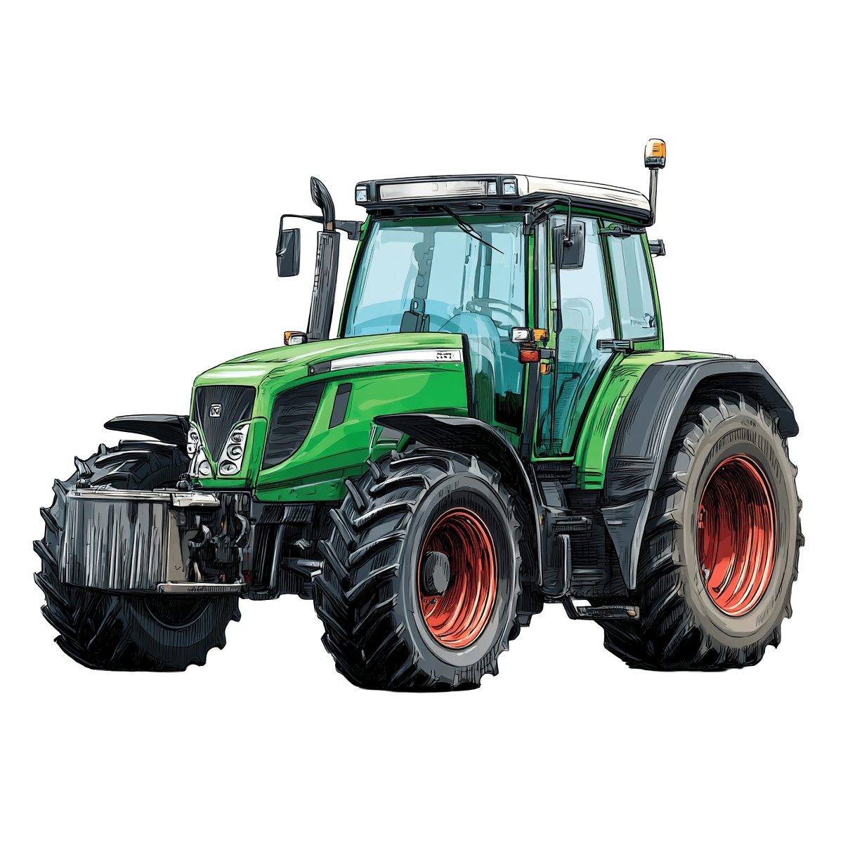 Green tractor with large tires and glass cab