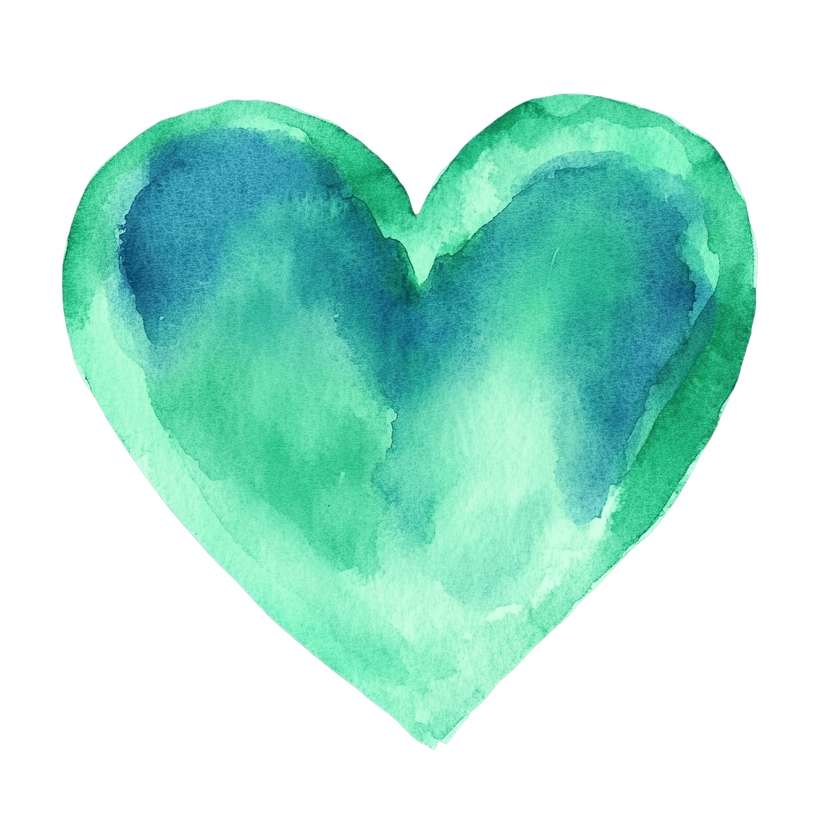Green watercolor heart with dark blue brush strokes on plain background.