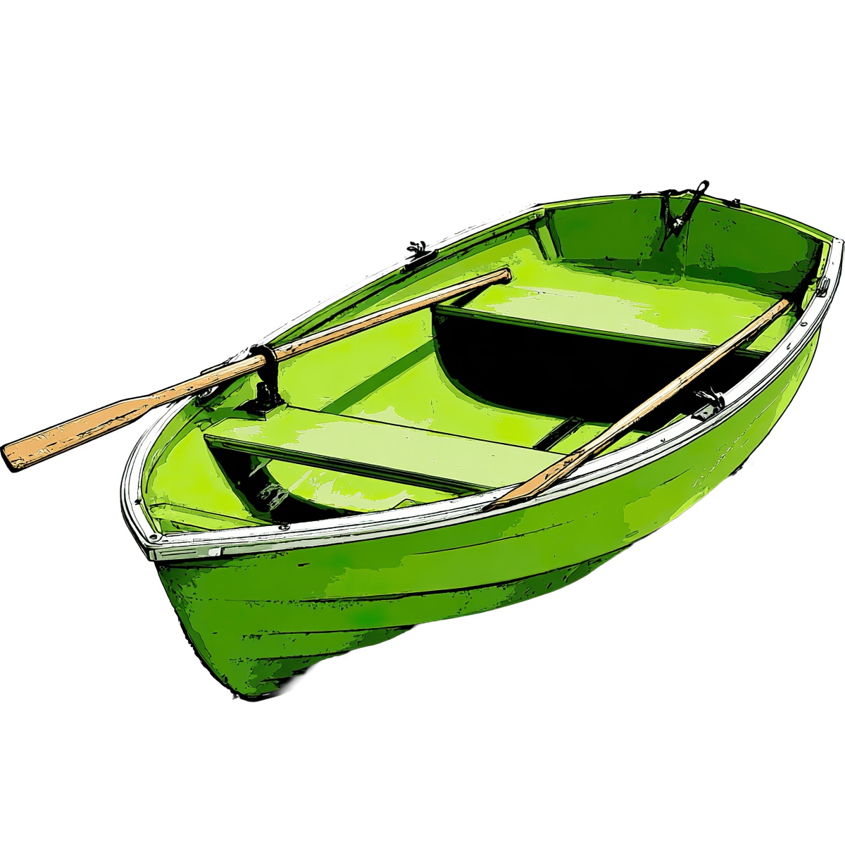 Green rowboat with wooden oars