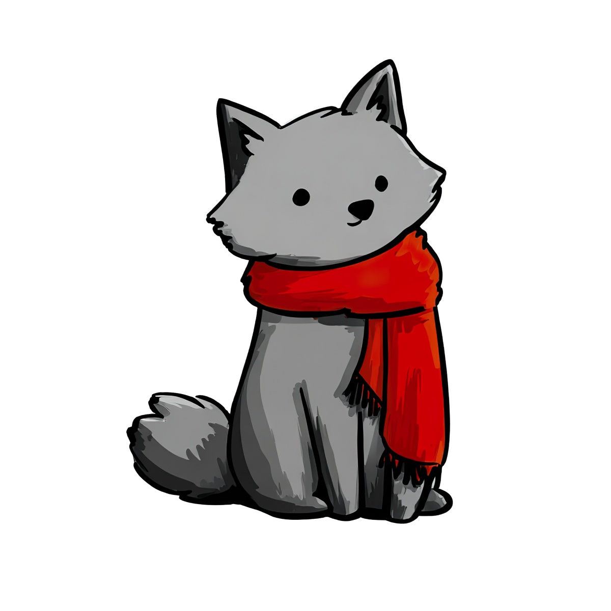 Grey wolf cartoon with red scarf on white background.
