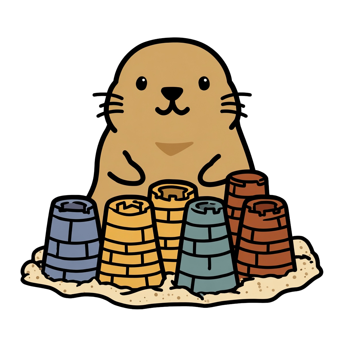 Groundhog with various colorful sandcastles in a cartoon style, sitting on sand.