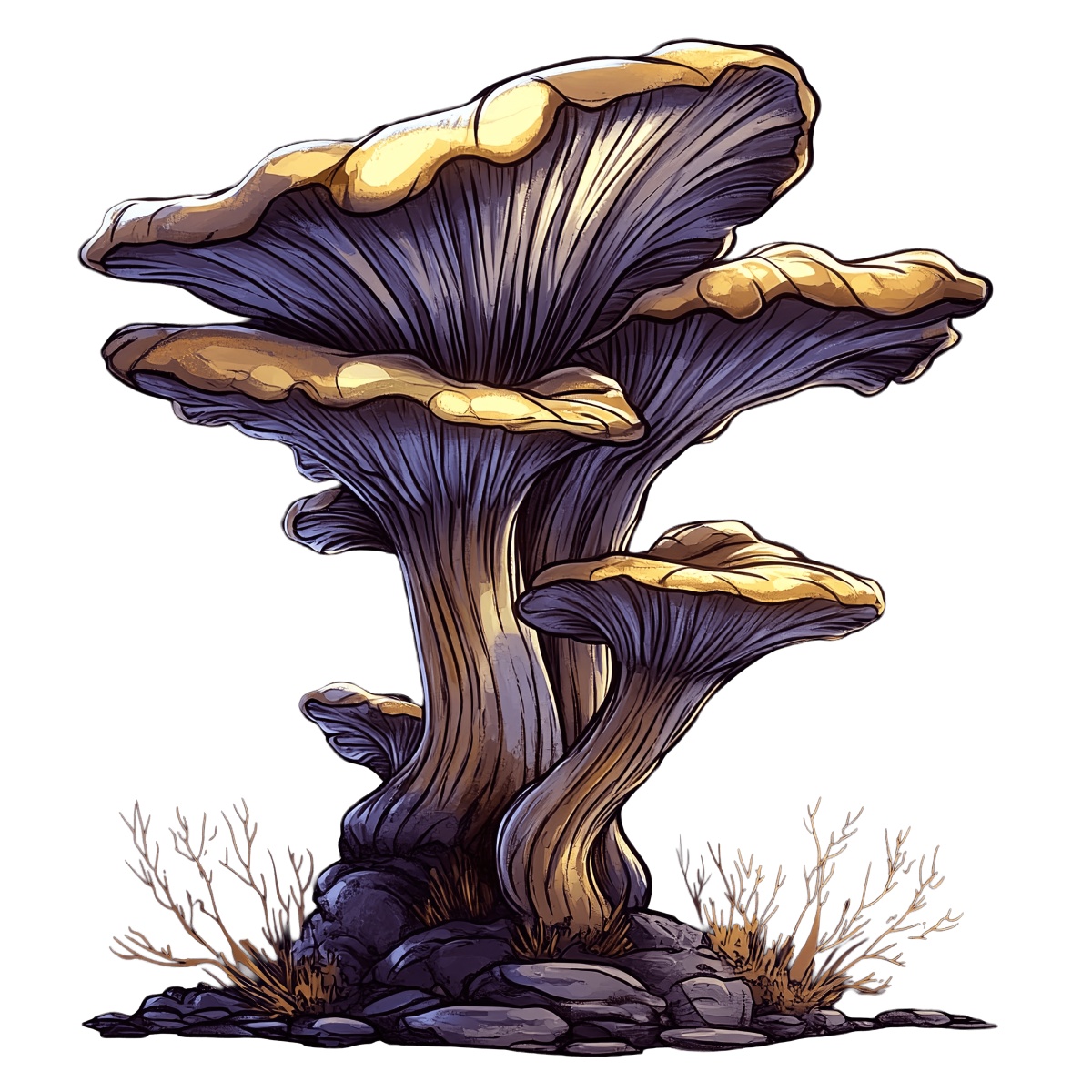 Cluster of mushrooms with detailed caps and stems on rocky ground.