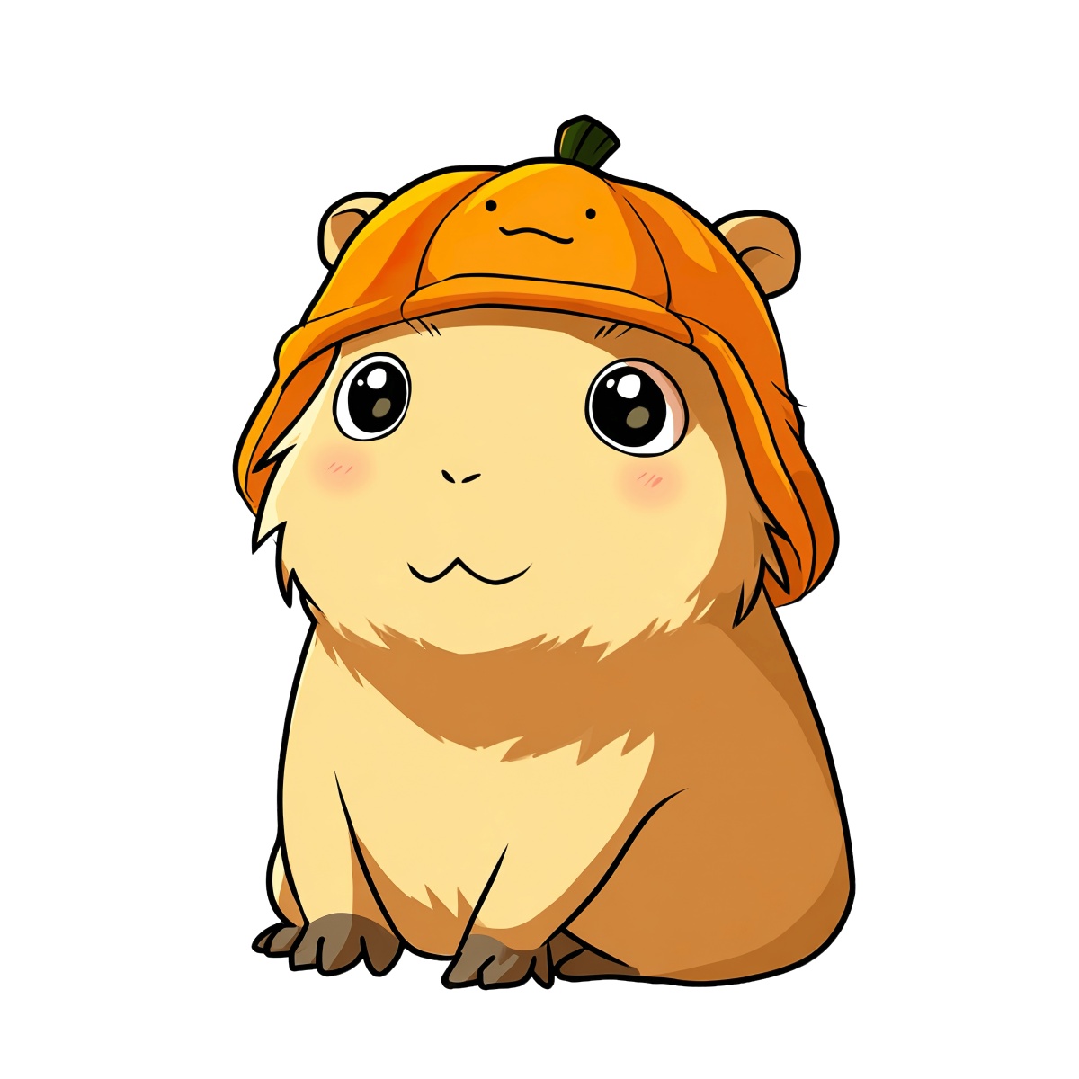 Cartoon guinea pig with large eyes wearing a pumpkin-shaped hat.