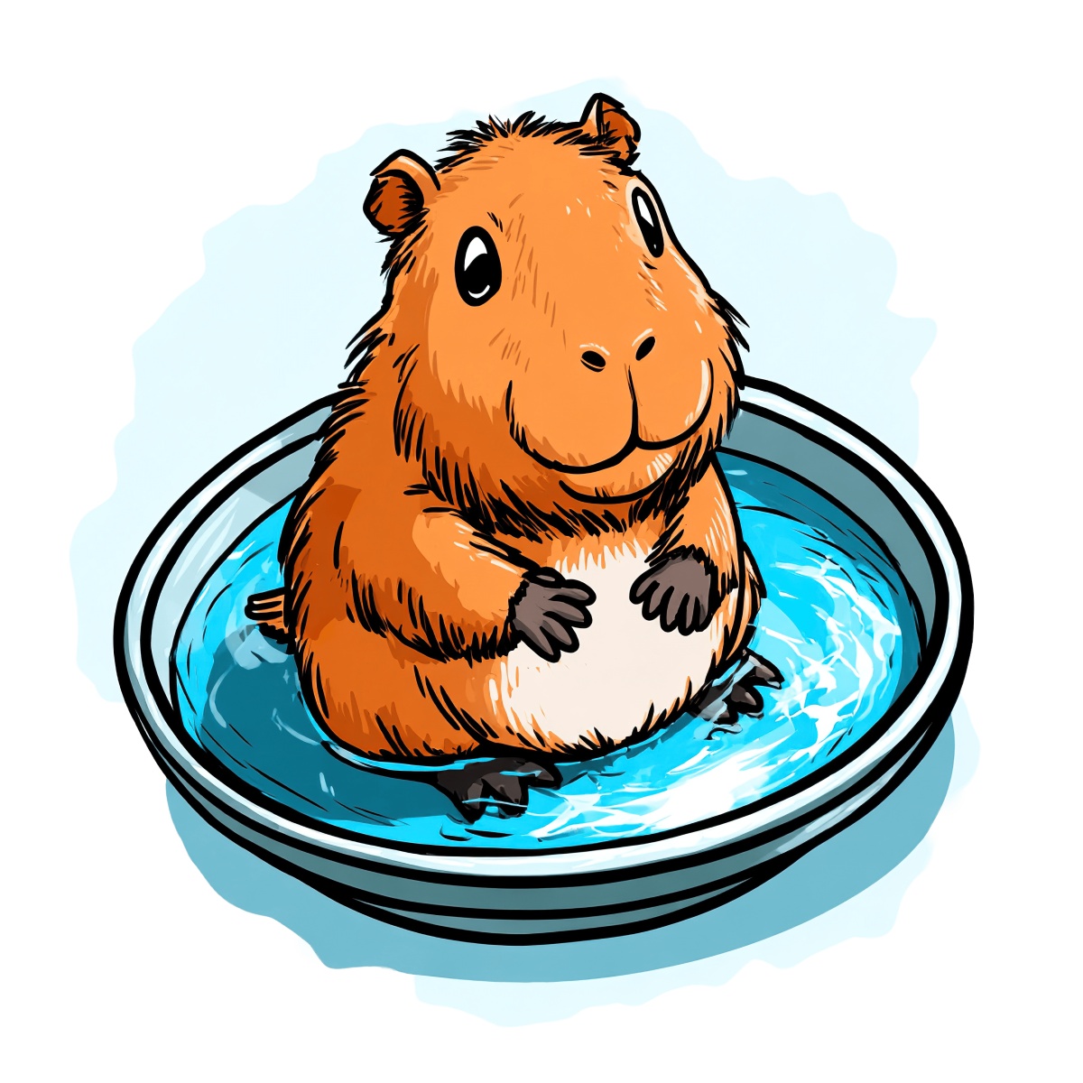 Illustration of a guinea pig sitting in a blue water dish.