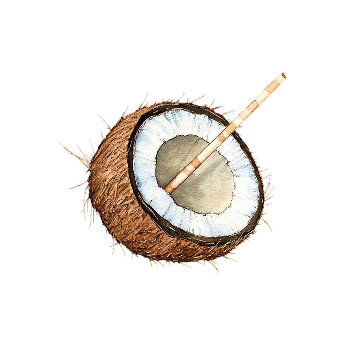 Half coconut with a straw, suitable for tropical drink themes.