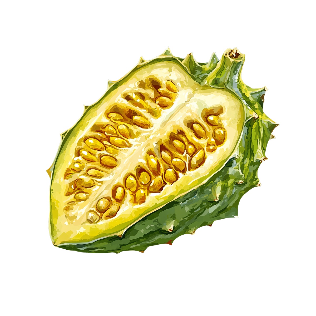 Kiwano melon sliced in half revealing its seeds and vibrant colors.