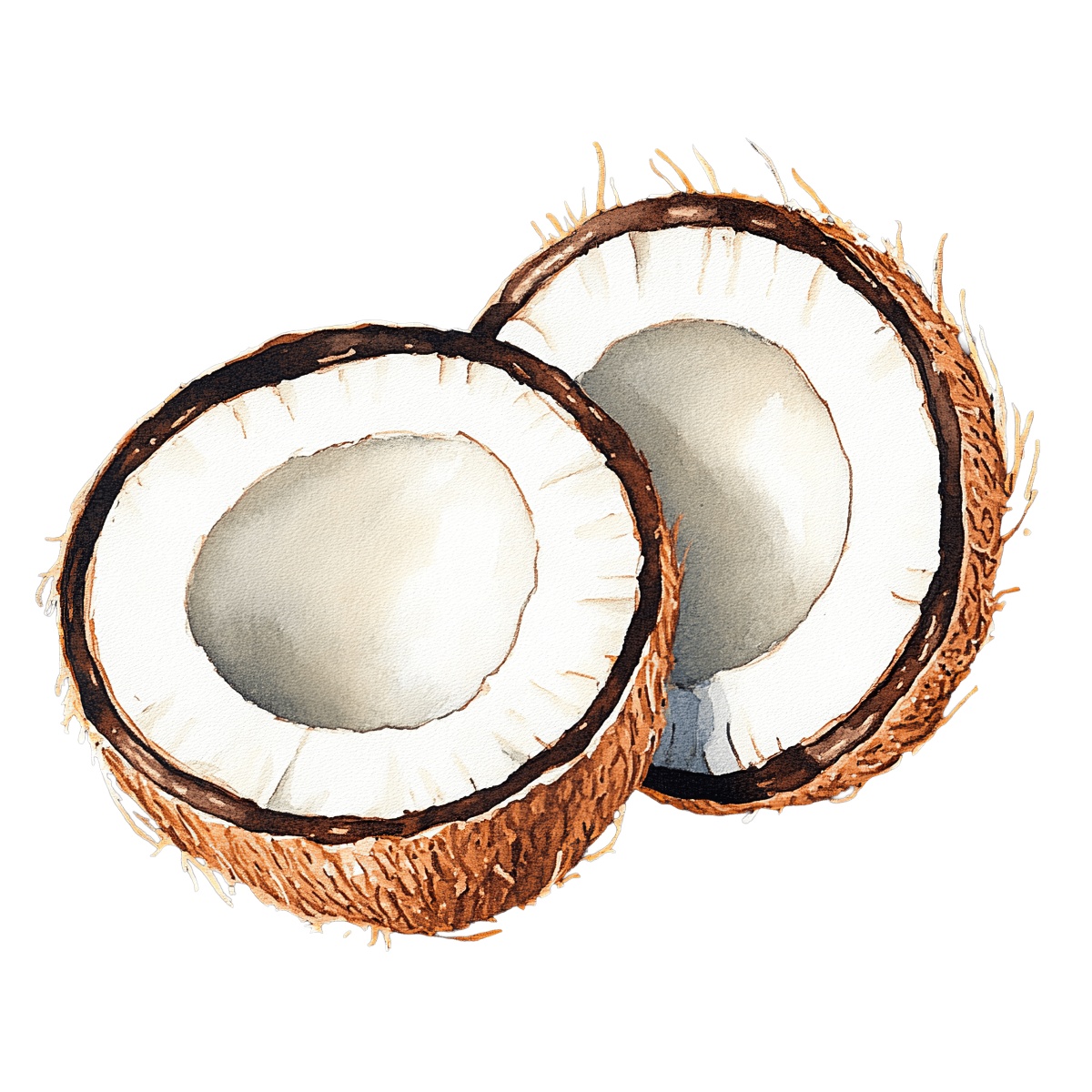 Halved coconut showing brown husk and white inner flesh.